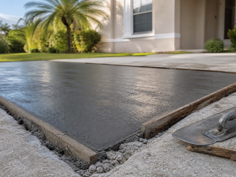 A section of an Orlando driveway cut out and freshly repoured between wooden forms