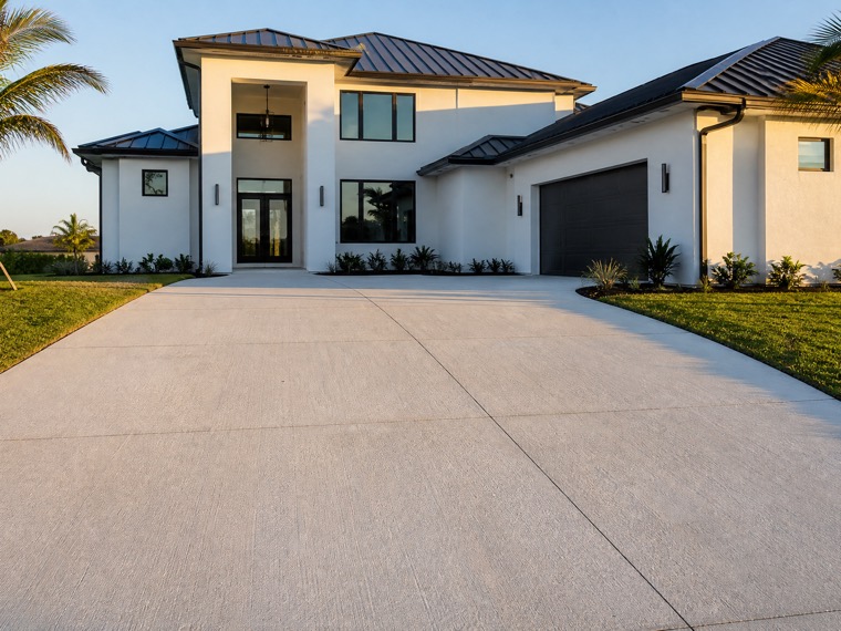 A brand new broom-finish concrete driveway in late afternoon light in Central Florida