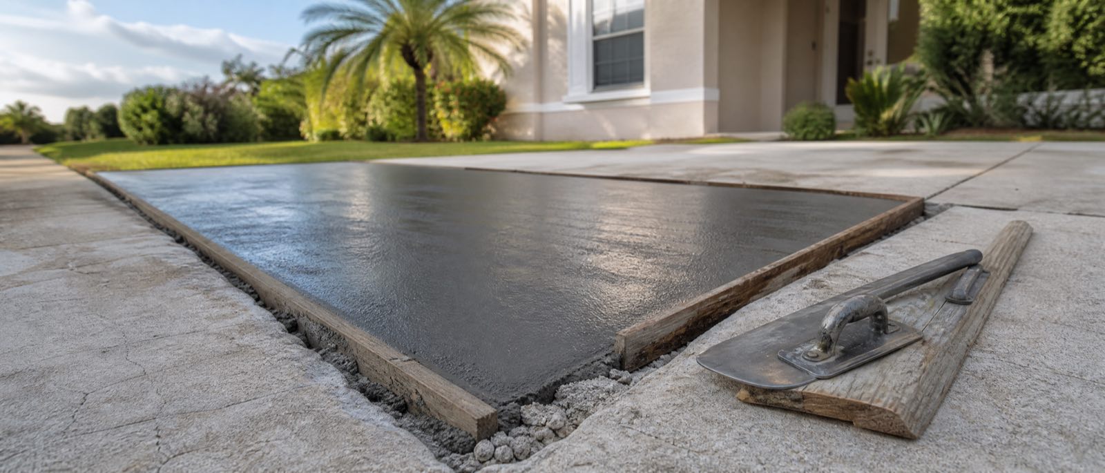 A section of an Orlando concrete driveway cut out and freshly repoured between wooden forms, the older slab around it