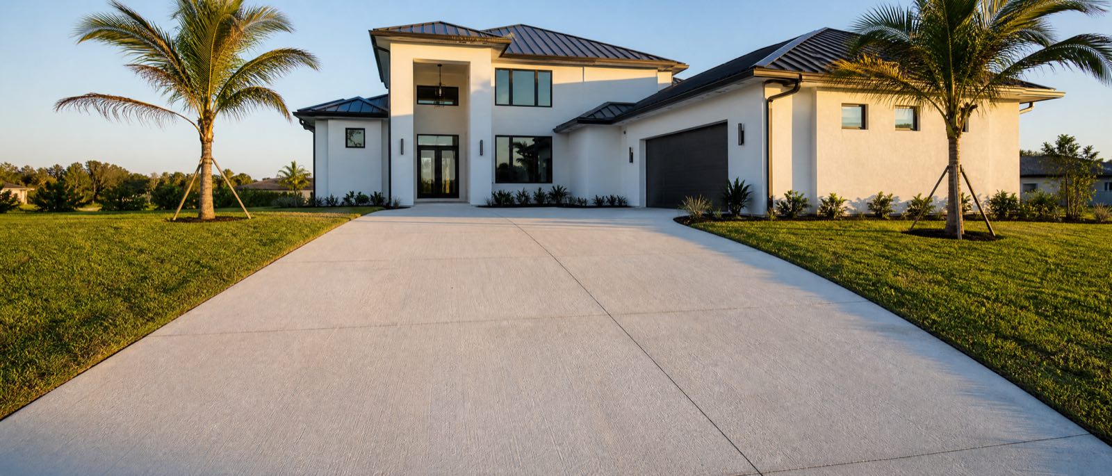 A brand new broom-finish concrete driveway with clean control joints in front of a Central Florida home