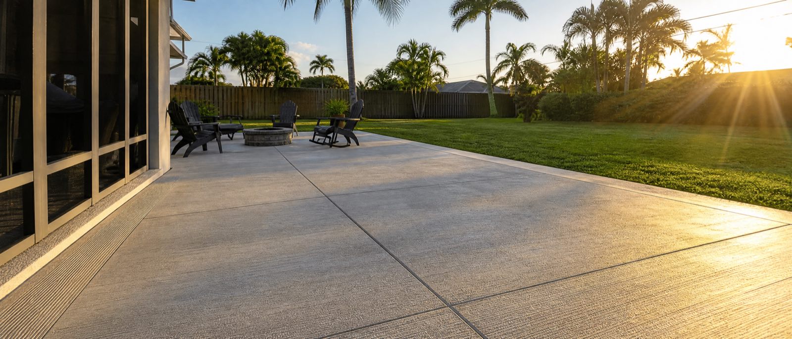 A newly poured concrete patio running from a screened lanai into a Central Florida backyard at golden hour