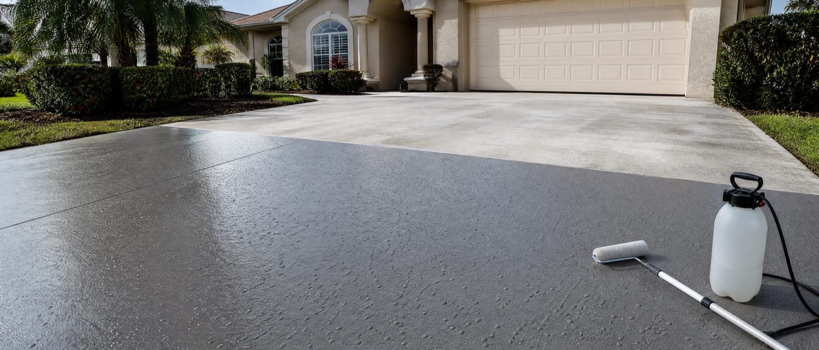 A freshly sealed concrete driveway in Orlando, the surface darker and faintly glossy on one half where the sealer has been applied