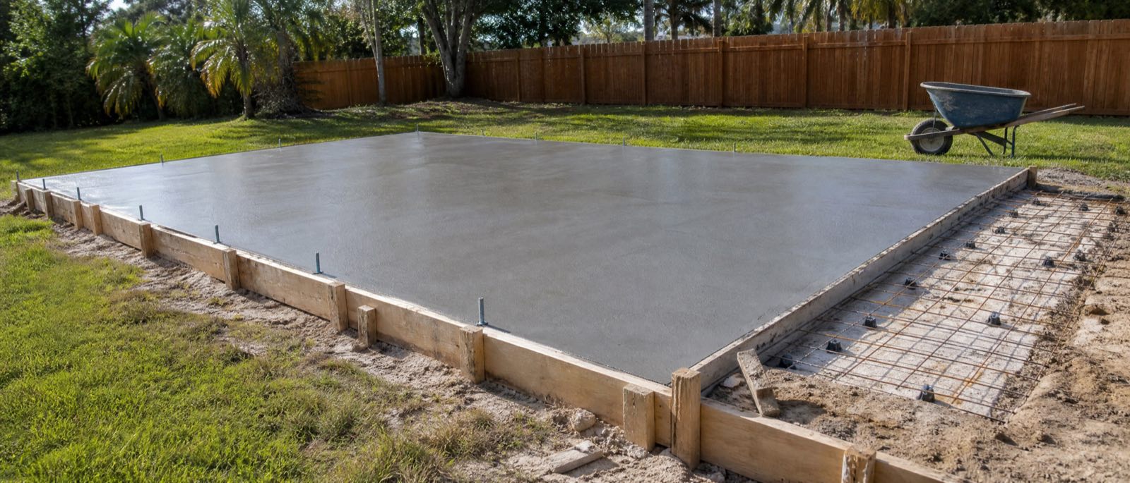 A freshly poured monolithic concrete slab for a backyard workshop, forms still in place, in a Central Florida yard