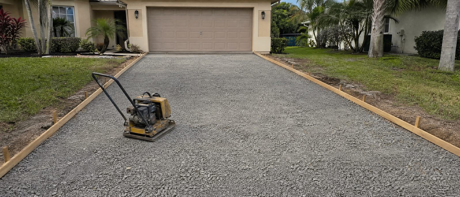 An Orlando driveway mid-replacement, the old slab removed and a compacted limestone base ready for the new pour