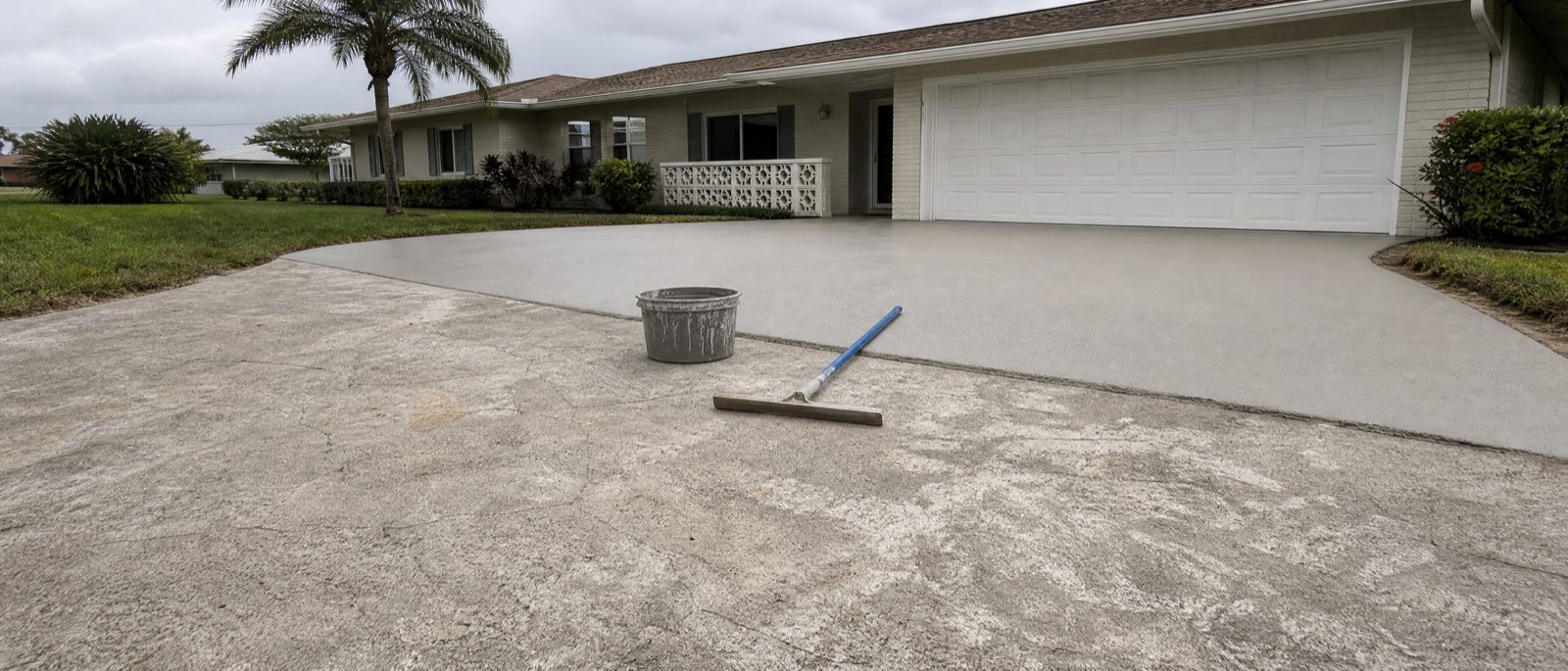 A worn Orlando driveway being resurfaced, half of the slab already carrying a fresh uniform grey overlay