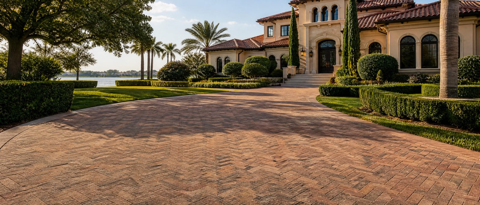 A herringbone brick paver driveway in front of a Windermere home, the pattern flat and tight to the edge restraints