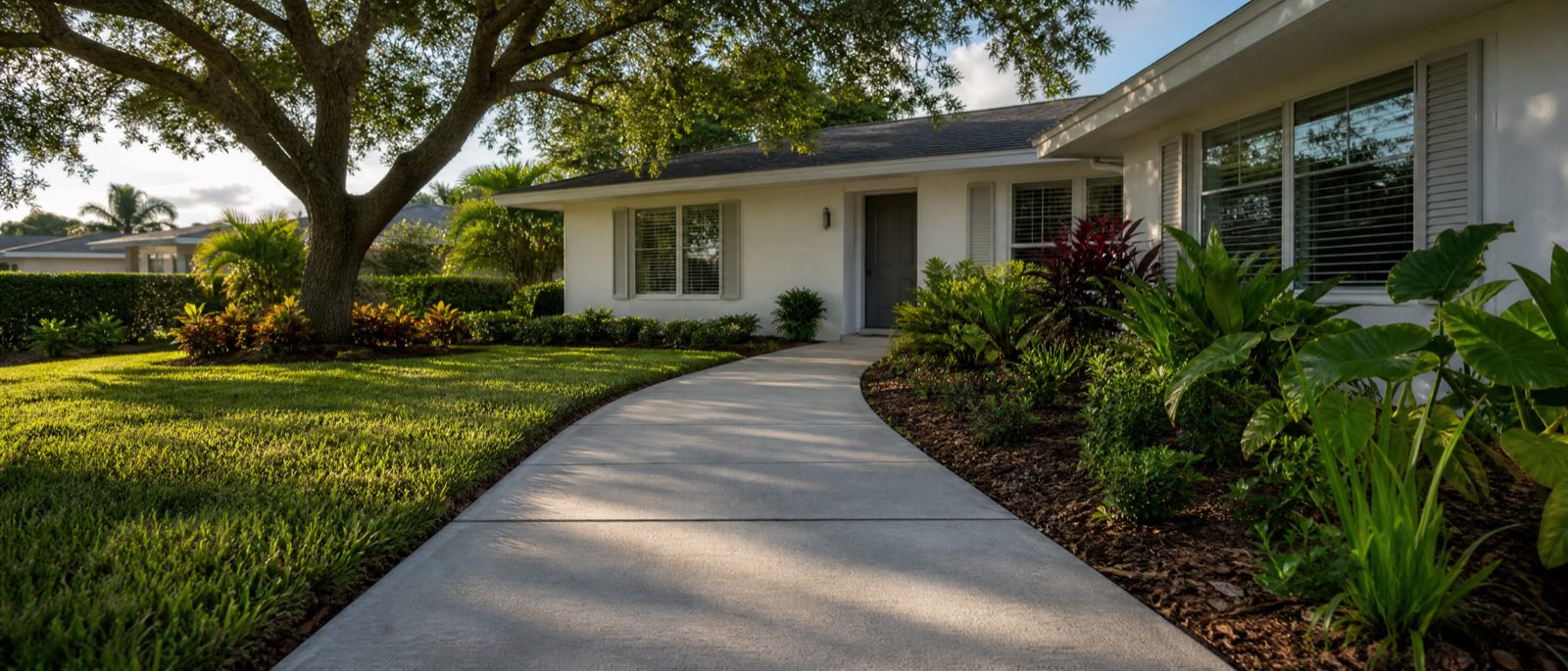 A clean new concrete walkway curving from an Orlando driveway to a front door between fresh sod