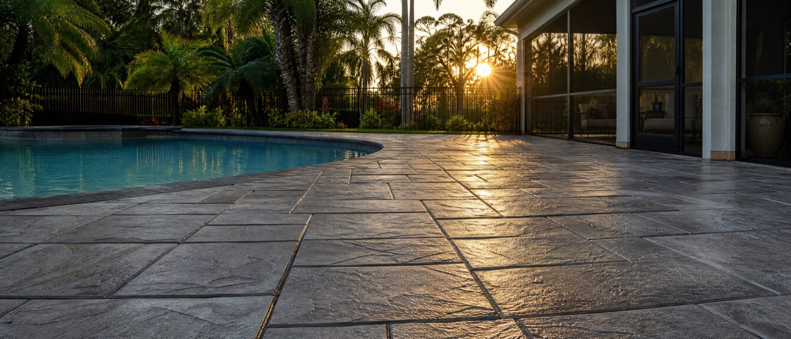 A stamped concrete patio in a warm slate pattern beside a Central Florida pool, the texture catching late sun