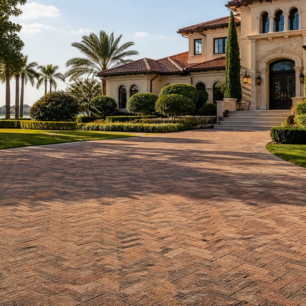 A herringbone brick paver driveway in front of a Windermere home