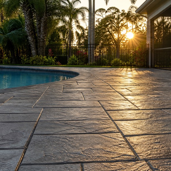 A stamped concrete patio in an ashlar slate pattern beside a pool